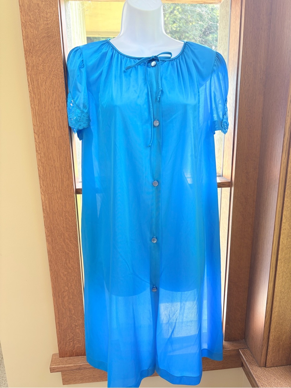 Vintage Lorraine Royal Blue Button-Front Nightgown with Lace Sleeves Small